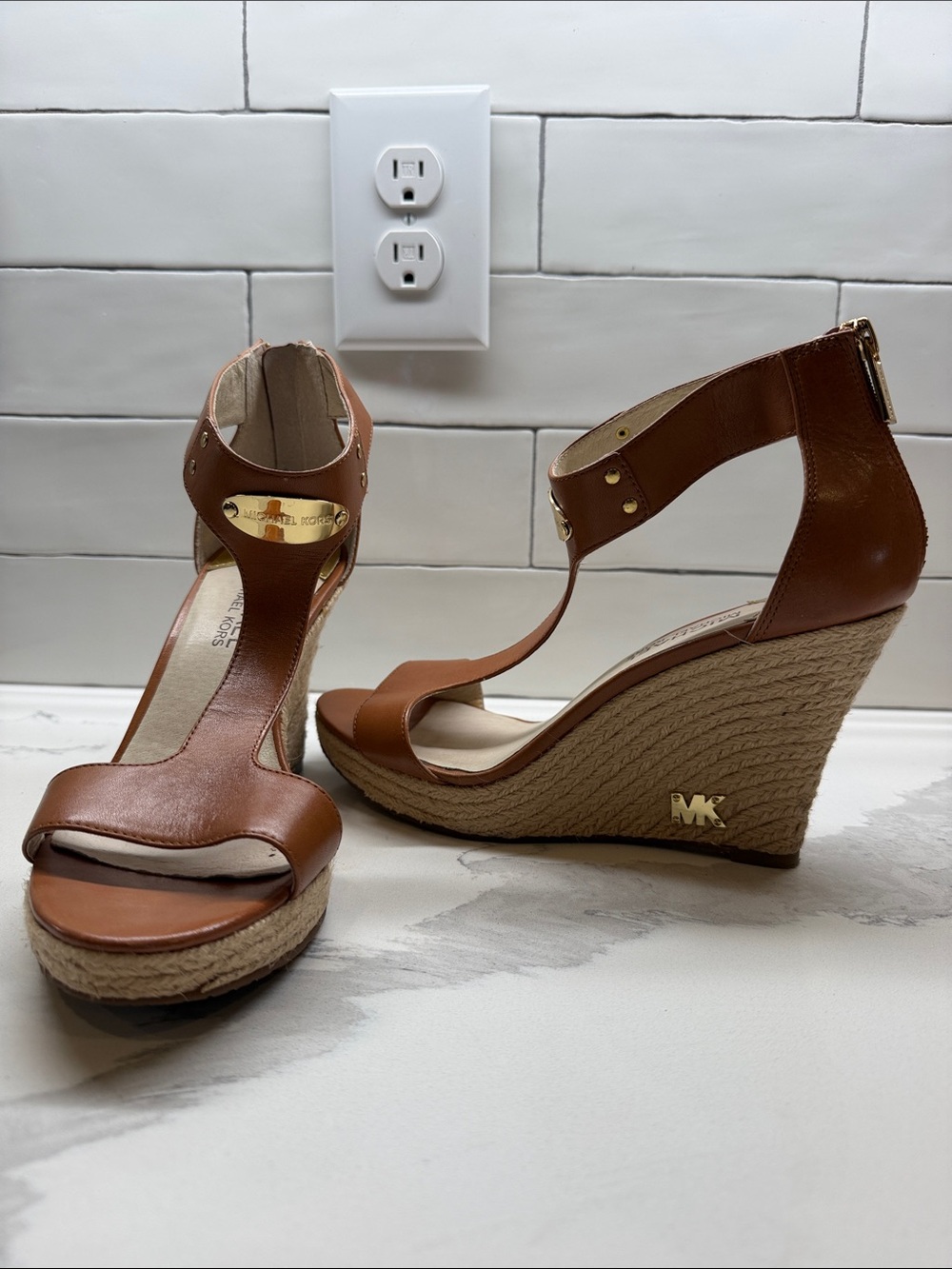 Michael Kors Brown Leather Espadrille Wedge Sandals